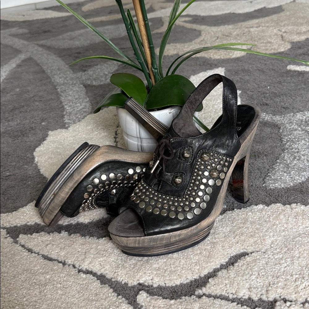 Studded Black Leather Slingback Heels